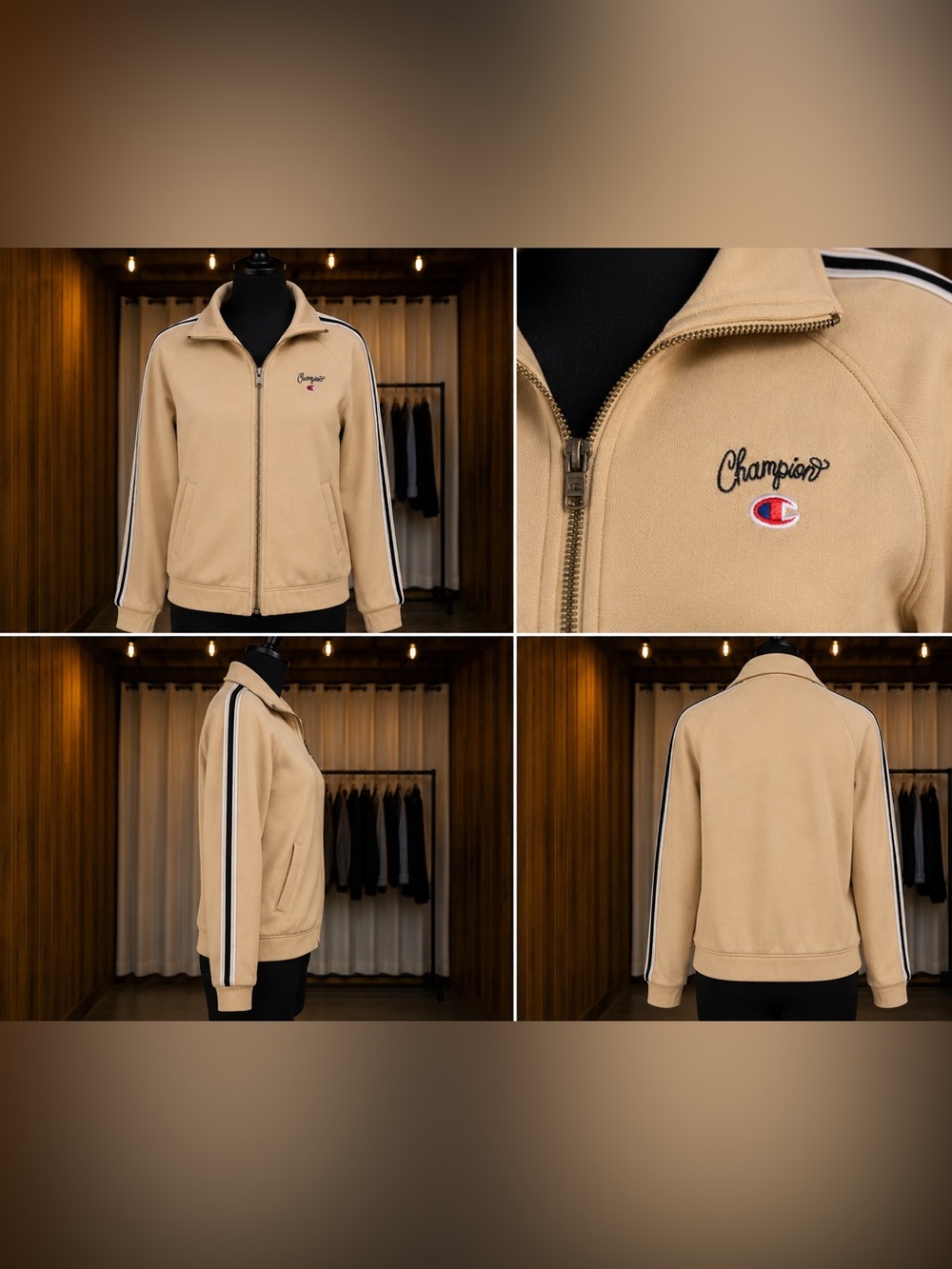 Champion Tan Track Jacket with Contrast Sleeve Stripe